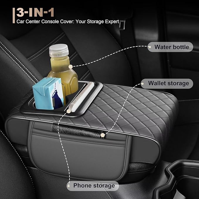 Center Console Cover Fit for Highlander Faux Leather Car Armrest Cushion with Storage Bags, Cup Holder ＆ Phone Storage Multifunctional Middle Console Cover(Grey)
