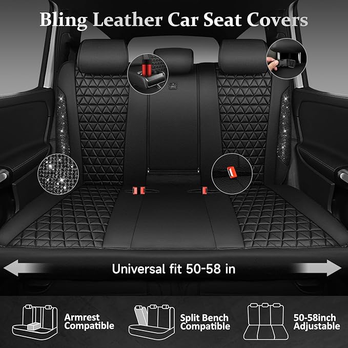CAR PASS Bling Back Seat Cover, Waterproof Leather Bench Rear Seat Cover Shining Diamond Truck Glitter Crystal Sparkly Rhinestone Universal Fit Armrest Automotive Kid Women Girl, Black Diamond