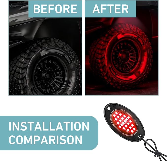 4 PCS LED Rock Lights Kits, Super Bright Ambient Underglow Lights, Waterproof LED Rock Light Kit, Universal Undercar Light for Pickup Off Road RZR SUV ATV UTV Car (Red)