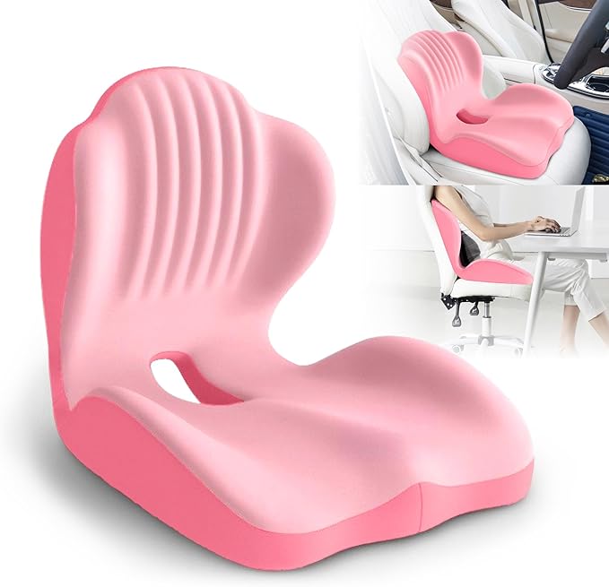 Ergonomic Lumbar & Seat Support Cushion, 2-in-1 Memory Foam Cushion with Coccyx Hollow Design for Office Chair, Car Seat, Home Use - Relieves Back & Hip Pain (Pink)