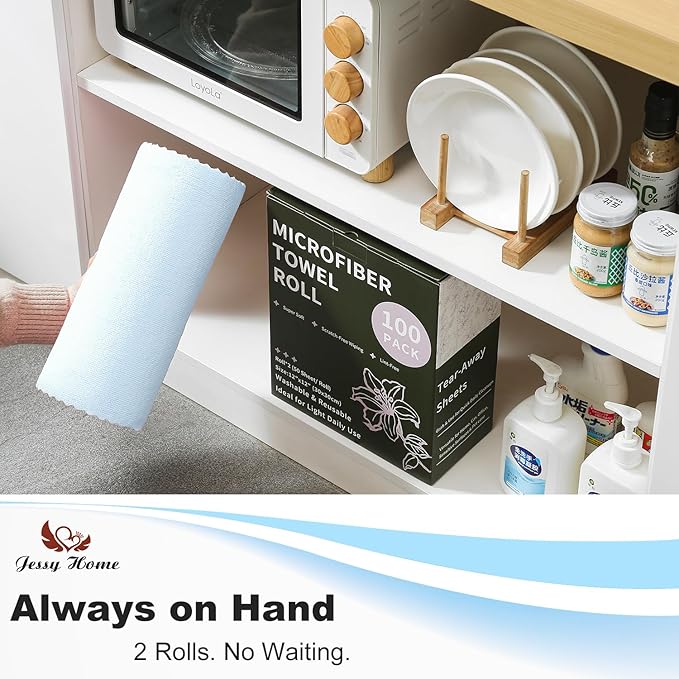Jessy Home 2 Roll Reusable Paper Towels,100 Sheets Tear Away Microfiber Cleaning Cloth, Lint Free Cleaning Rags for Kitchen, Dishcloth,Household Cleaning Supplies