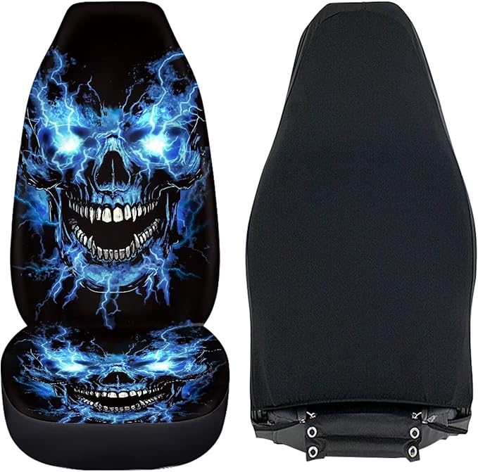 Blue Flame Skull Car Front Seat Covers Soft Car Seat Cover Easy Installation Breathable Front Seat Cover Protection Interior Accessories Universal for Auto Truck Van SUV 2 Pcs