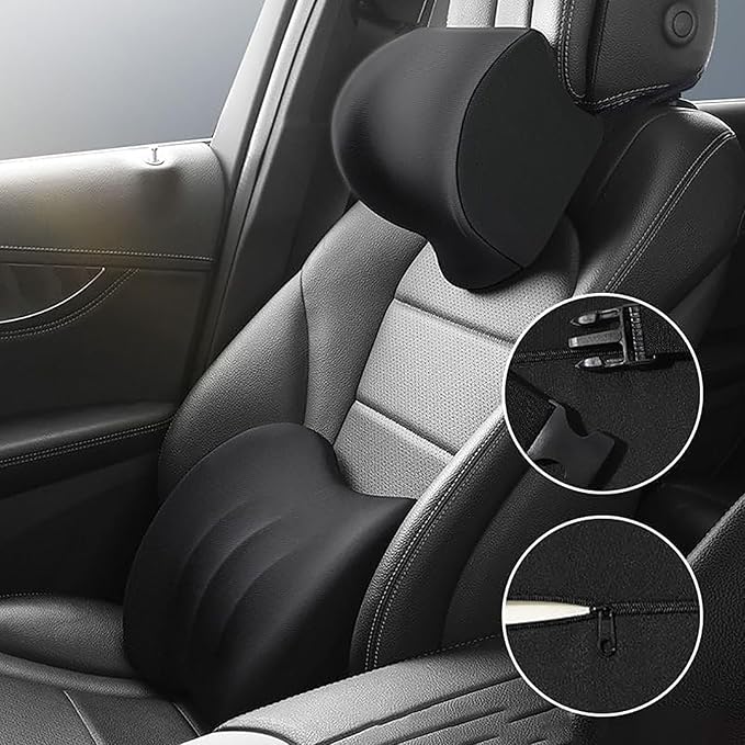 Car Headrest & Lumbar Support Cushion for Toyota RAV4 2012-2024, Ergonomic Car Seat Headrest Memory Foam Neck and Back Pillow Kit Breathable Removable for Driving Fatigue Relief,A/Black