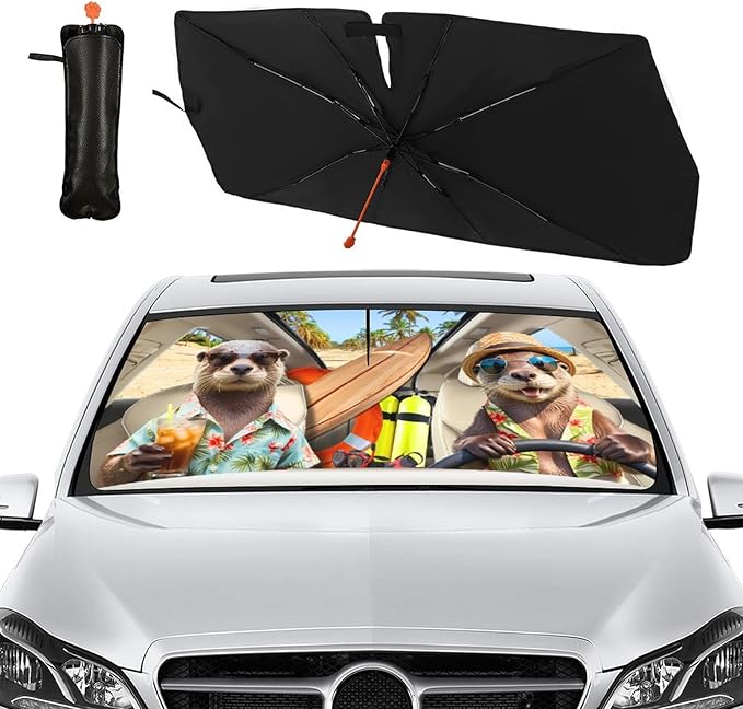 Socira Funny Sea Otters Car Windshield Sunshade Umbrella Foldable Visor Umbrella Sun Shade Cover Sunshade Front Window Cover Car Accessories Blocks Uv Rays (57" X 30")