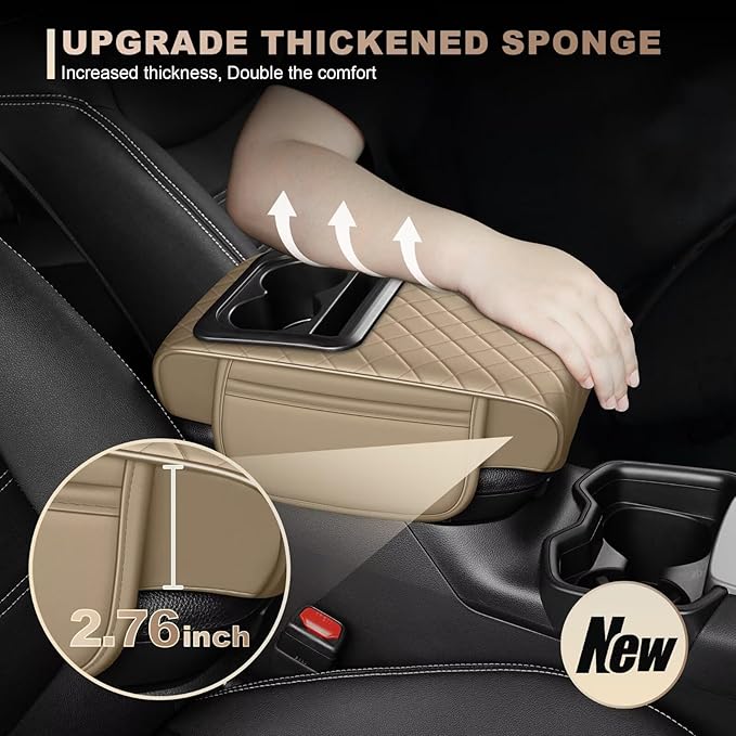 Center Console Cover Fit for Corolla Faux Leather Car Armrest Cushion with Storage Bags, Cup Holder ＆ Phone Storage Multifunctional Middle Console Cover(Beige)
