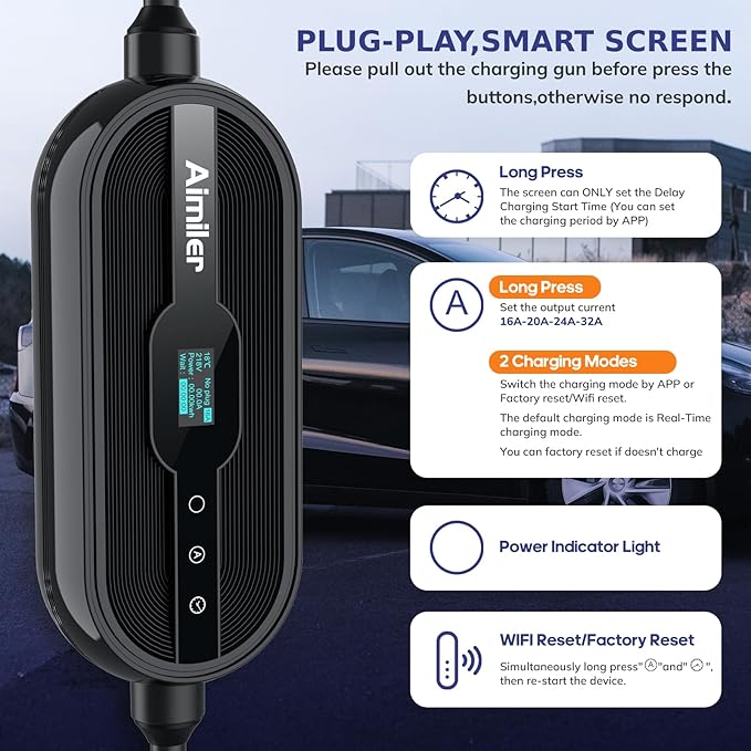 AIMILER Level 2 Tesla Charger(WiFi APP), 32A, 25ft Cable ETL Certified, 220V-240V NEMA 14-50P Plug EVSE w/Nacs Connector, Portable/Home Electric Car(EV) Charger for Tesla Model X/Y/3/S or Nacs EVs