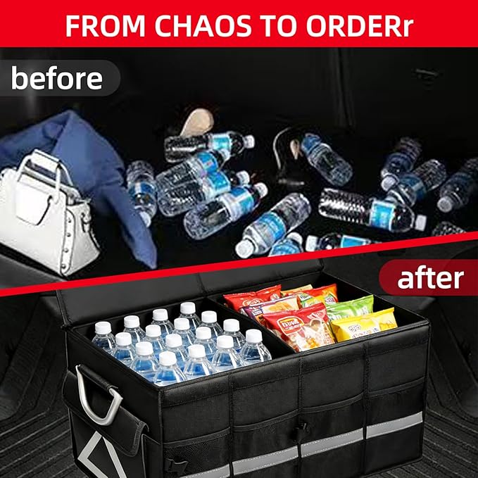 Trunk Organizer Wiith Lid For SUV, Truck, Car Trunk Organizer, Large, Black, 4-Compartments With Handle