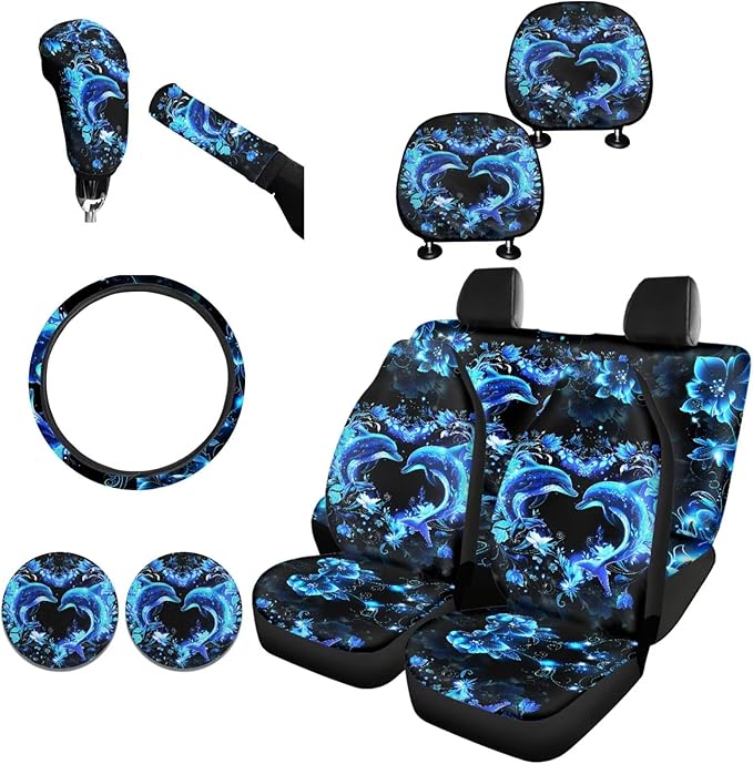 FKELYI Dolphin Universal Auto Seat Covers and Steering Wheel Protector, Car Gear Shifter Knob and Handbrake Cover, Headrest Covers, Cup Coasters