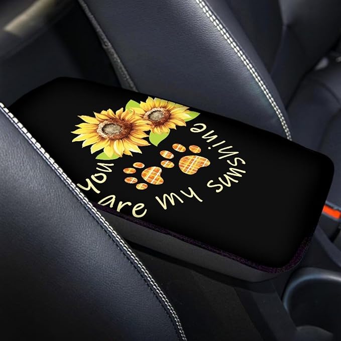 UNICEU Sunflower Dog Paw Car Center Console Cover for Most Vehicle SUV Truck Easy to Install Auto Armrest Seat Storage Box Mat Dust Proof Scratch Proof Auto Interior Set
