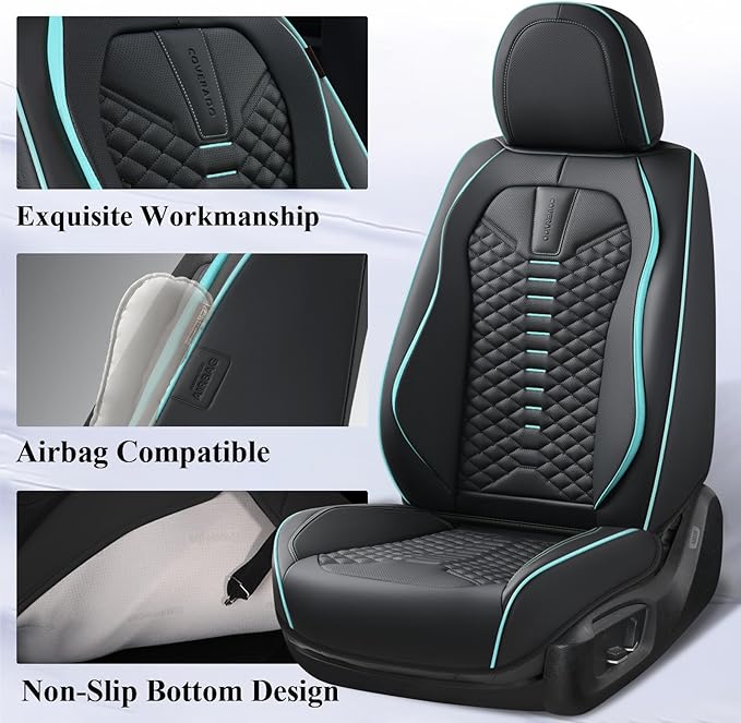 Coverado Leather Seat Covers, Car Seat Covers Full Set, Nappa Leather Seat Covers for Cars, Car Seat Protector Waterproof, Black Car Seat Cover, Universal Seat Cover Fit for Most Cars(Black&Blue)