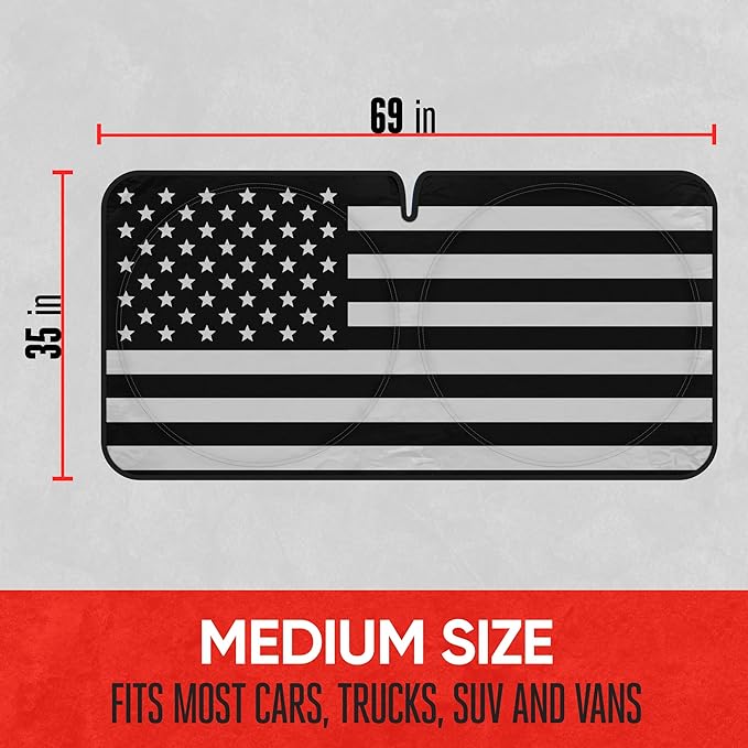 Motor Trend USA Black American Flag Car Windshield Sun Shade for Front Window, Foldable Car Sun Shade with Patriotic Graphic, Collapsible Sun Visor Sunshade for Cars Windshield (Large 69" x 35")