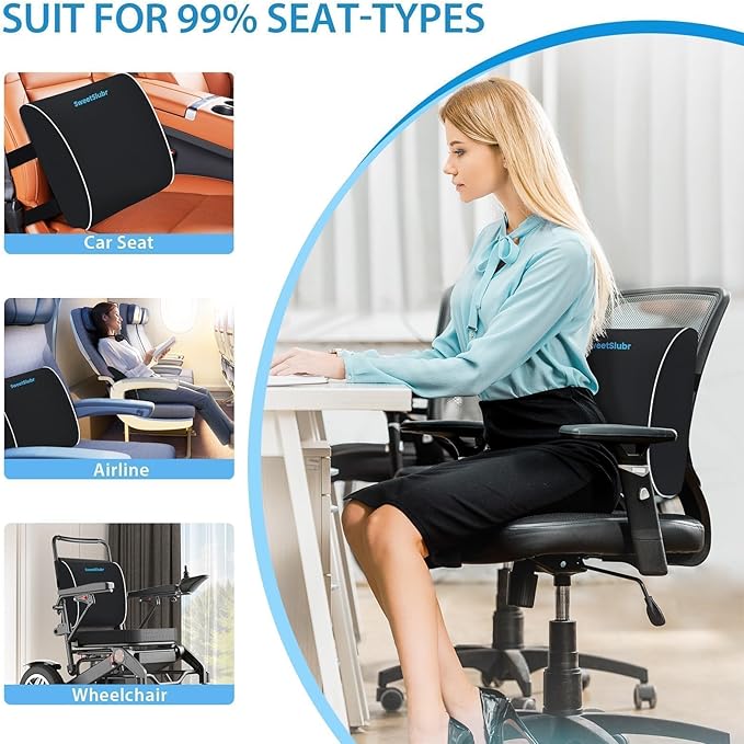 Lumbar Support Pillow for Office Chair, Car & Gaming Chair, Ergonomic Memory Foam Cushion for Back Comfort, Zoned Back Support, Double Adjustable Straps, Breathable Washable Cover, Black