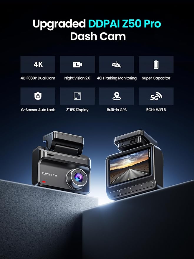 DDPAI Dash Cam Front and Rear, 4K+1080P Car On-Dash Mounted Cameras, Dashcam Included 64GB Card, Built-in 5G WiFi 6, GPS, 3'' IPS, AI ISP Night Vision, 48H Parking Mode, Loop Recording, ADAS, Z50 Pro