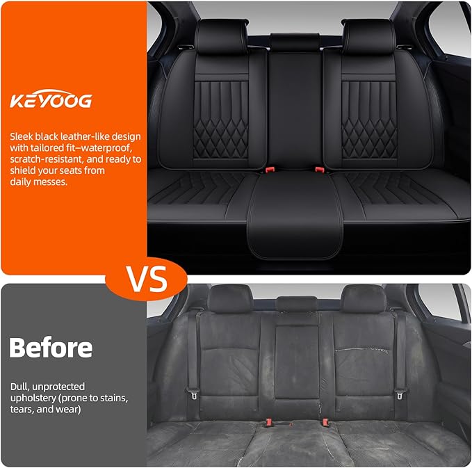 KEYOOG Car Seat Covers Leather Full Set Universal 5-Seater Waterproof Breathable Nappa, Compatible with Honda Civic, Toyota Camry Corolla, Nissan Rogue Sentra, Fit for Front Rear Seats Most Sedans SUV