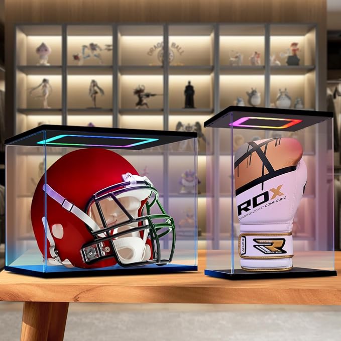 Boxing Glove Display Case with Light, Multiple Color Lights Dustproof Protection Boxing Glove Showcase for Collectibles Memorabilia Storage（8.6×7.9×13inch）