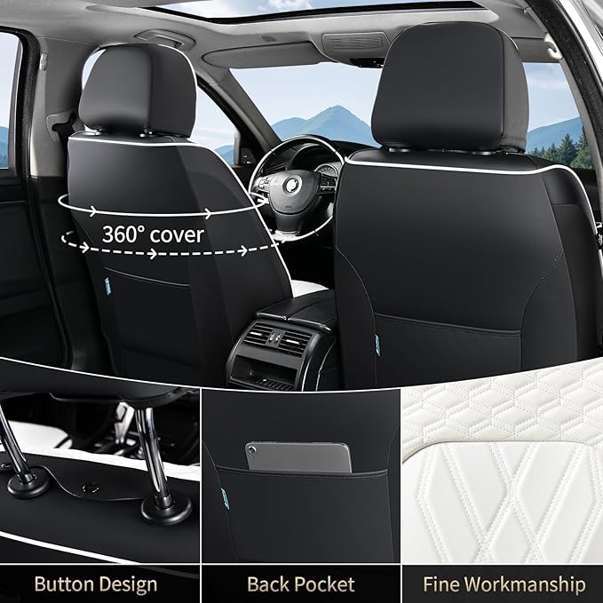 FLORICH Leather Cars Seat Covers Front Pair Seat Covers for Car Waterproof Automotive Seat Cover Vehicle Seat Interior Cushion Universal Fit for Most Car Truck SUV, Black&White