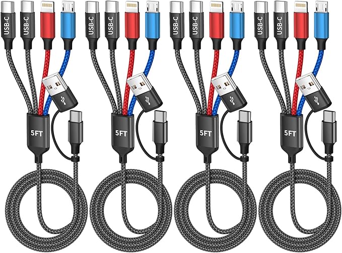 Travel Cruise Essentials 2026 4 in 2 Charging Cable with Dual Type-C Port, USBA/C Multi Charging Cable Cords, Multiple iPhone Charger Cord for iPhone17-8, Android, iPad, Car Accessories (4Packs 5FT)