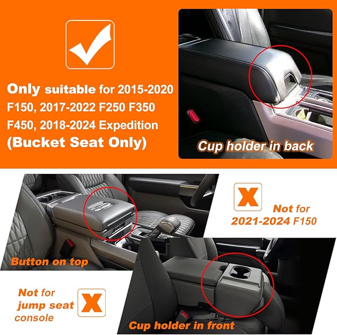Center Console Armrest Cover for 2015-2020 F150, 2017-2022 F250 F350 F450, 2018-2024 Expedition Accessories Arm Rest Pad Console Lid Protector Cushion Black (Bucket Seat Only)