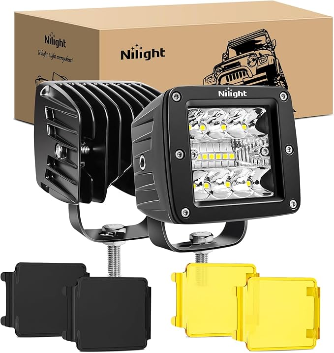 Nilight LED Pod Light with Amber/Black Covers 2 PCS 3 Inch 42 W Cubes Spot Flood Combo Off Road Light Super Bright Driving Fog Boat Lighting for Trucks Pickup Golf Cart SUV ATV UTV 4x4 Van Camper