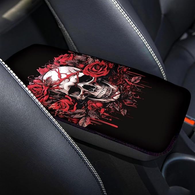 Dreaweet Skull Rose Auto Center Console Pad Car Armrest Seat Box Cover Protector Universal Fit for Most Cars Vehicles Halloween Car Accessories Decorations