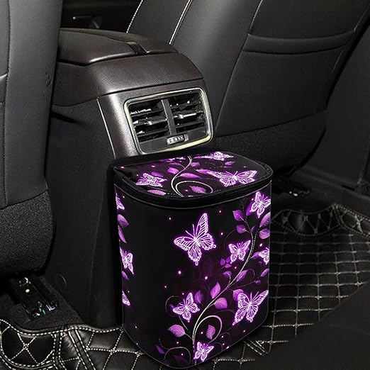 BIGCARJOB Purple Butterfly Print Car Trash Bags Hanging Automotive Car Garbage Bin with Adjustable Straps Reusable Auto Trash Bin Garbage Bags Butterfly Auto Accessories for Front Seat