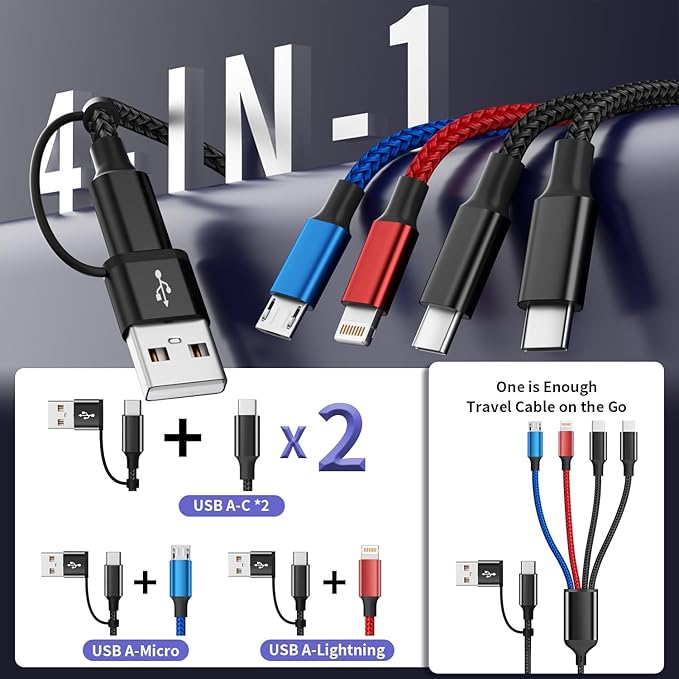Dual Type-C Ports 4 in 2 Multi Charging Cable, Travel Cruise Essentials USBA/C Charging Cords for Multiple Devices, Phone Charger Cord for iPhone17-12/Androids/Pad and More, Car Charger(2Pcs, 5FT)
