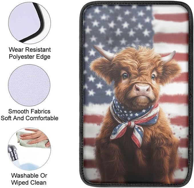 Highland Cattle Print Car Center Console Armrest Cover American Flag Print Armrest Box Cover Center Console Pad Universal Car Interior Decor for Truck Sedan SUV