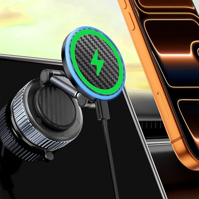 CloudValley 15W Wireless Charger Magnetic Car Mount Phone Holder Carbon Fiber, Dashboard/Windshield 360° Adjustable Stand [Compatible with MagSafe] Wireless Charging Arm for iPhone 17-12 Series