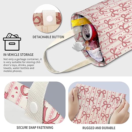 Cute Car Trash Can, Hanging Canvas Car Back Seat Organizer and Storage Bag, Funny Car Trash Bag For Travelling, Outdoor Cute Pink Bow Knot