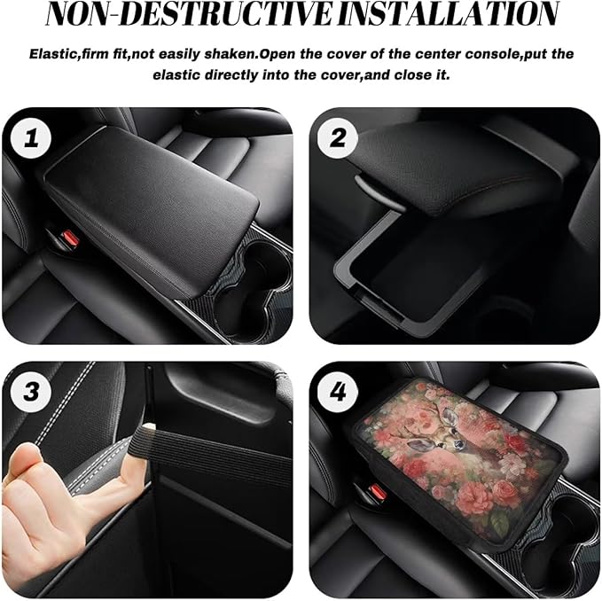 Deer and Floral Print Car Armrest Cover Comfortable Car Armrest Storage Box Mat Wear-Resistan Car Armrest Cover Cushion Car Interior Accessories Protector