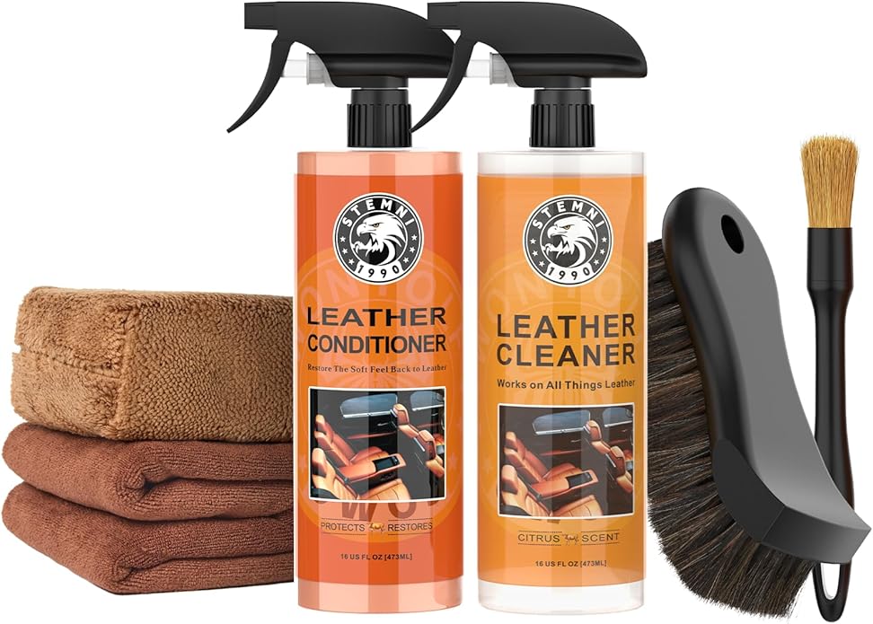 Car Leather Cleaner and Conditioner Kit, Leather Care Kit with Horse Hair Cleaning Brush - Safe for Car Interiors, Furniture, Boots, Bags & Apparel - Deep Cleaning, Non-Greasy Restorer