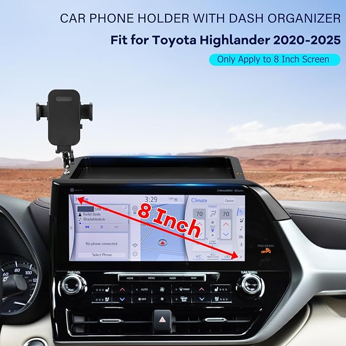 Car Phone Holder Fit for Toyota Highlander 2020-2025 w/Dash Tray Storge Box Organizer-Cell Phone Mount for Highlander Accessories 8 inch Touch Screen 360 Degree Rotation (NOT FIT 12.3 inch)