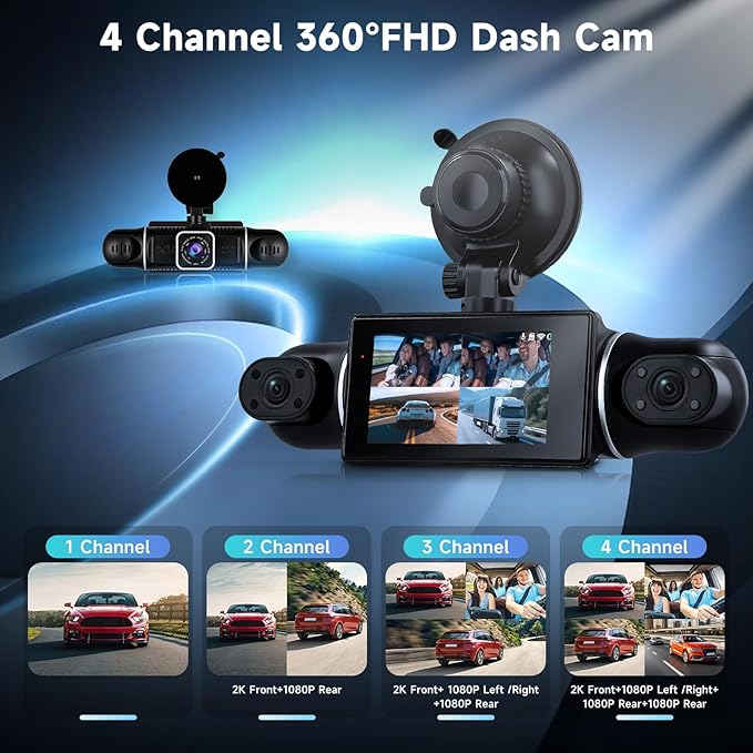 4 Channel Dash Cam Front and Rear Inside 360° Dash Camera for Cars 4 Channel Dash Cam Front and Rear Inside,IPS 4K/2K Dash Camera WiFi APP,G-Sensor 24/7 Parking Mode,170° Loop Recording