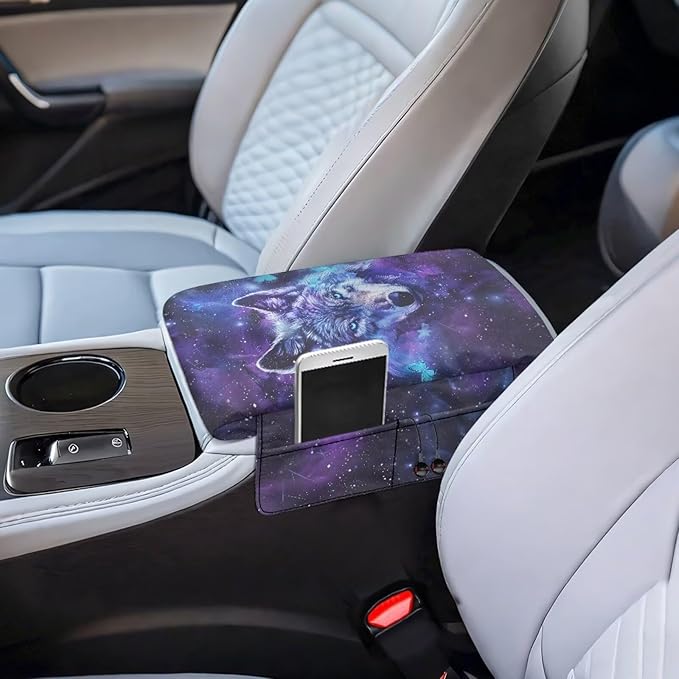 Wanyint Galaxy Wolf Butterfly Car Center Console Armrest Cover Soft Armrest Cover Lid Non-Slip Middle Console Cover with Side Storage Pocket for Car Seat Organizer Universal Fit