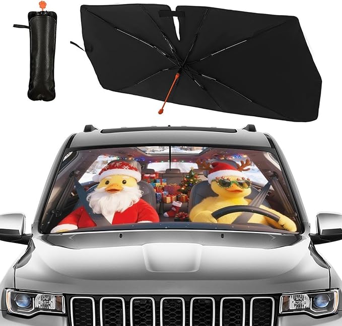 CHILL·TEK Funny Animal Car Windshield Sun Shade Umbrella, Christmas Duck Car Sun Shade Umbrella, Block UV Rays Heat Foldable Windshield Umbrella Sun Visor Protector - Keep Vehicle Cool for Cars SUV