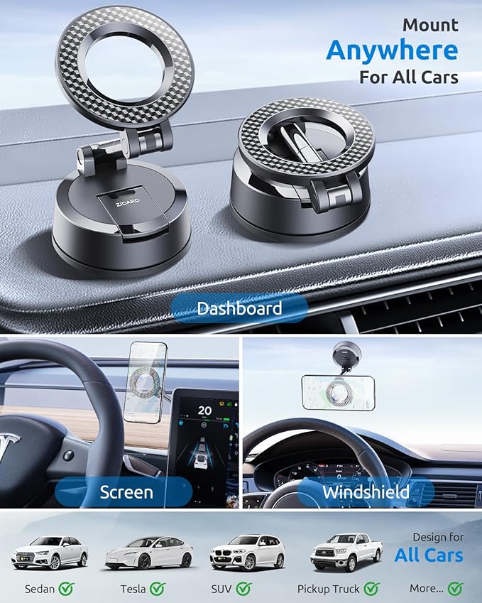 Vacuum Magnetic Car Phone Holder, 360°Adjustable, Compatible with iPhone 12-17 Series & Dashboard Mount & Tesla, 80+LBS Strong Suction Cup Phone Holders for Your Car, MagSafe-Compatible (Carbon Fiber)