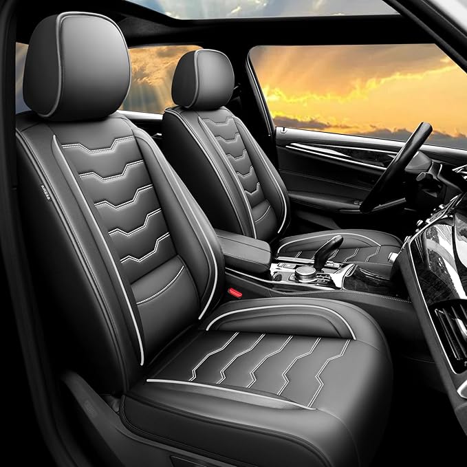 Fit Tucson Car Seat Covers Premium Leather for Hyundai Tucson 2010-2025 2026. Waterproof， Breathable, Scratch-Resistant & All-Weather Seat Cushion Protector (Full Set, White Line Black)