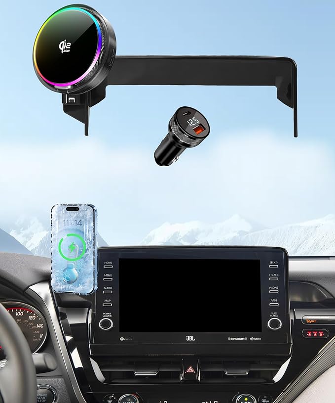 Qi2.2 25W Magnetic Car Mount Charger for Toyota Camry 2021 2022 2023 2024 Accessories, for Fast Charging Cell Phone Holder 9 Inch Screen Fixed Clip with Cooling Fan＆54W Fast Adapter