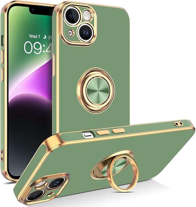 VENINGO Compatible with iPhone 14 Case, Slim Fit Soft 360° Ring Holder Kickstand Magnetic Car Mount Supported Easy Clean Shockproof Protective Cover for iPhone 14 6.1" 2022,Matcha Green