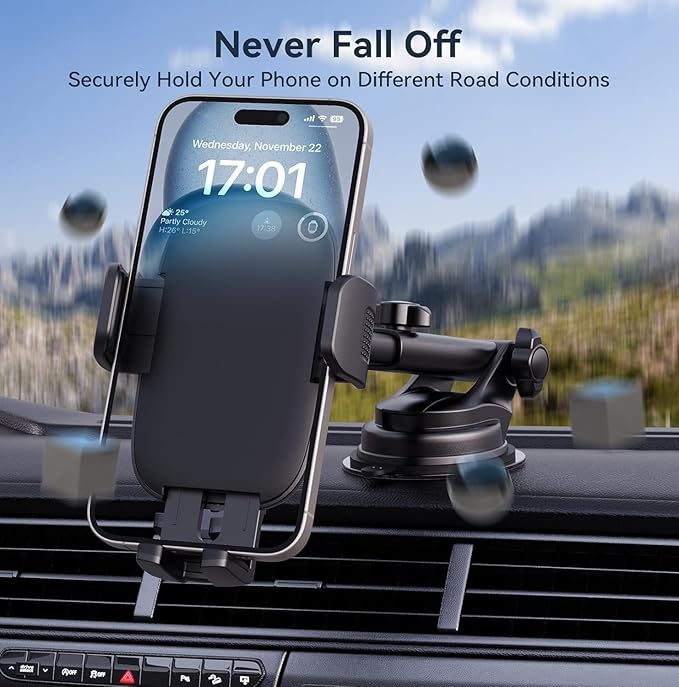 Phone Holders for Car, [Super Suction Cup] Car Phone Mount for Dashboard Windshield & Air Vent, Universal Car Accessories for iPhone 17/16/15, Samsung Galaxy, Most 4-7” Smartphones
