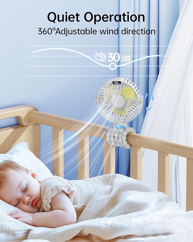 SWEETFULL Portable Stroller Fan with LED Display, 4 Speed Rechargeable Mini Clip On Fan, 360° Rotate Flexible Tripod Better Cooling Small Baby Fan for Car Seat Crib Travel Bike Treadmill (White)