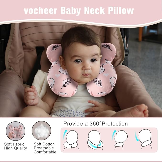 vocheer Baby Travel Pillow(Upgraded), Head and Neck Support Pillow for Pushchair, Car Seat,Stroller, Bouncer, Cotton (White Bear)