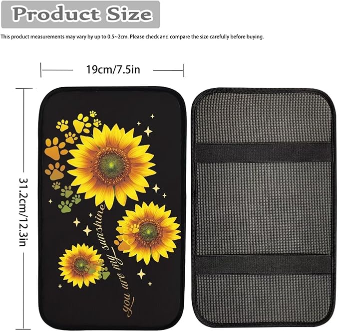 UNICEU Yellow Sunflower Dog Paw Car Armrest Pads Interior Accessories Sunflower Car Accessory Universal Fit Automotive Center Console Armrest Cushion Seat Storage Box Pads for Most Vehicle