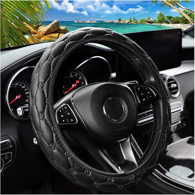 Car Steering Wheel Cover, PU Leather Non-Slip Lantern Pattern Vehicle Steering Wheel Cover Protection, Breathable Automotive Interior Protecter Accessories, Universal Fit (Black)