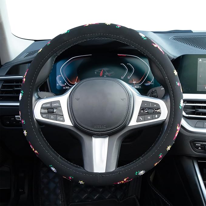 Embroidered Butterfly Daisy Cute Black Steering Wheel Cover, Auto Anti-Slip Breathable Steering Wheel Protector, Butterfly Floral Car Accessories for Women,Universal Size Fit Most Cars -15 inch