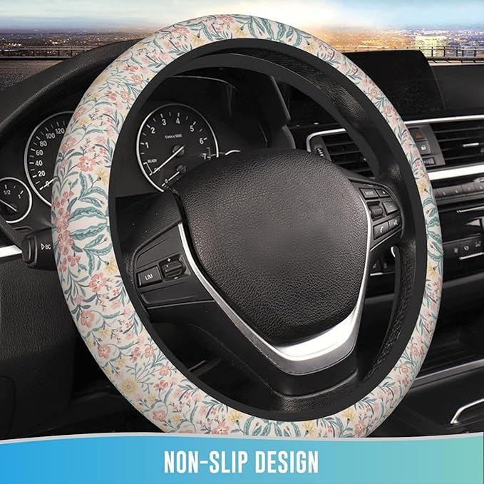 Elastic Steering Wheel Cover Car Accessories Cute Universal 15 Inch Absorbing Sweat Non-Slip Breathable for Woman - Pink Flowers