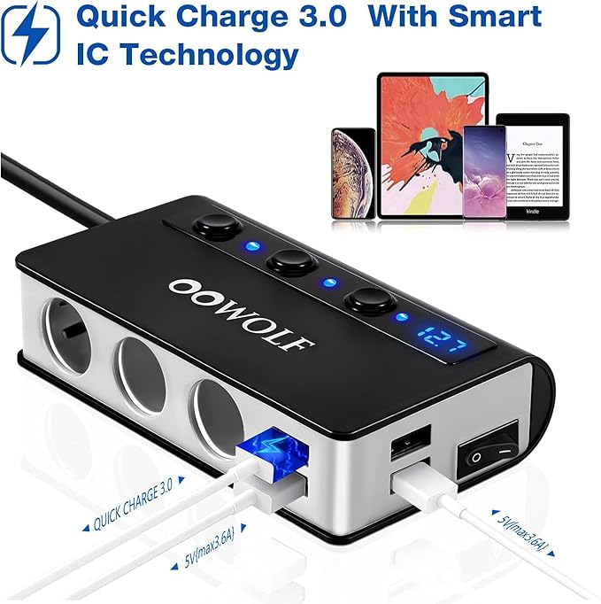 OOWOLF 7 in 1 Cigarette Lighter Splitter, 180W Quick Charge 3.0 12V/24V 3-Socket Car Charger Adapter, 4 USB Ports Car Power Adapter Car Splitter, Independent Switches, LED Voltmeter, 2.3FT Cable