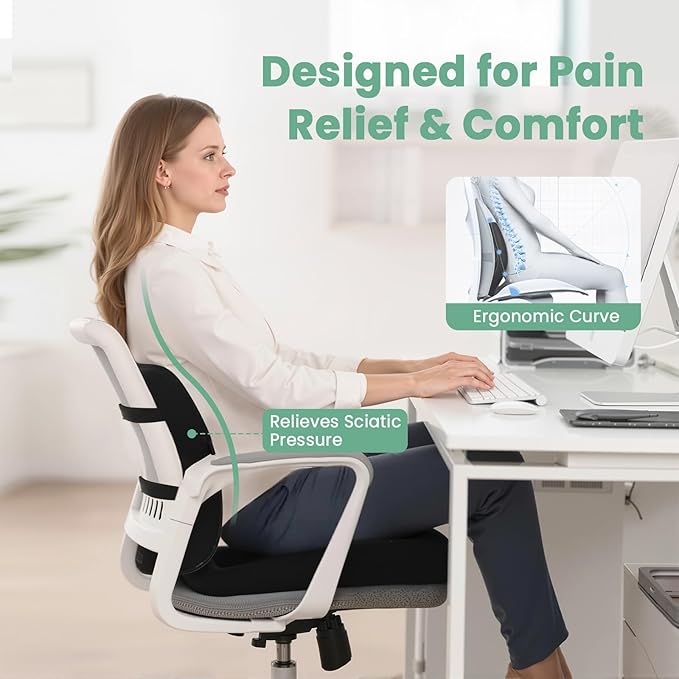 Seat Cushion and Lumbar Support Pillow for Office Chair, Wheelchair, Memory Foam Coccyx Cushion for Sciatica Tailbone Pain Relief, Back Support for Car Chairs, Desk Chair