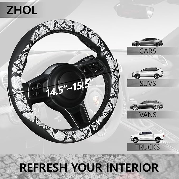 ZHOL Snake Skin Steering Wheel Cover, Breathable Microfiber Leather Universal 14.5-15 inch, Anti-Slip Car Steering Wheel Protector for Women Men, Black&White