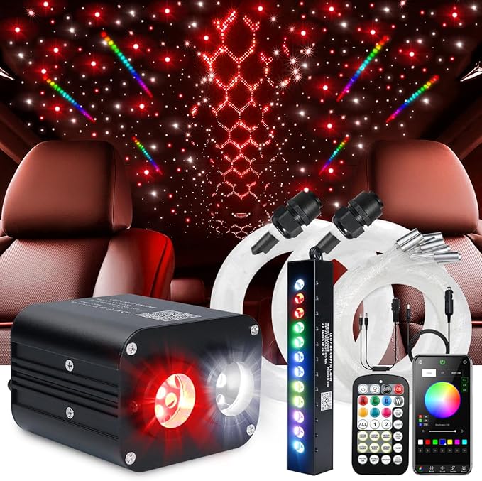 Starlight Headliner Kit,Twinkle + Music Sync Dual Color Fiber Optic Star Ceiling Lights with APP Remote Control, RGBW Shooting Star Lights for Car/Home Ceiling Decor, 600pcs 9.8ft